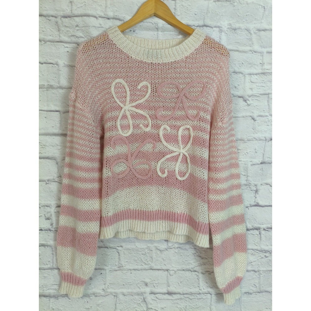 VICI pink cream striped bow accent‎ sweater size S Sweet Coquette Soft Girl Twee